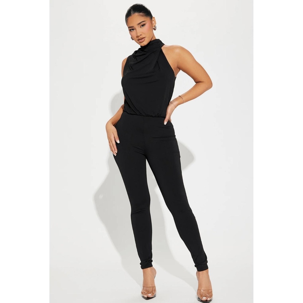 FN Womens Black Jumpsuit Mock Neck Sleeveless Drape Stretch Size S‎